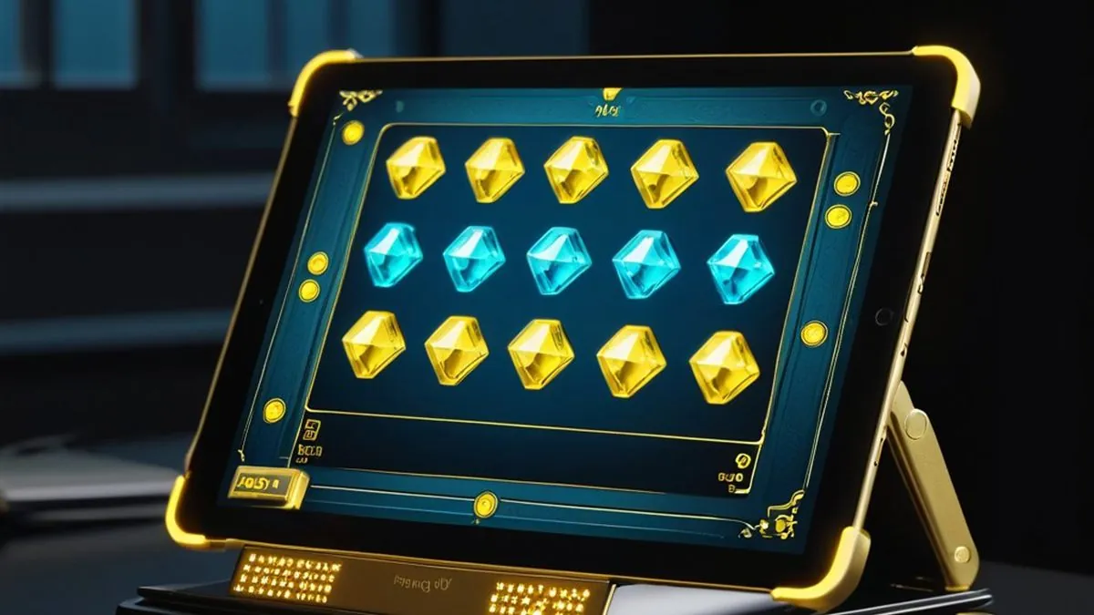 Tablet showing a slot with yellow and teal gems